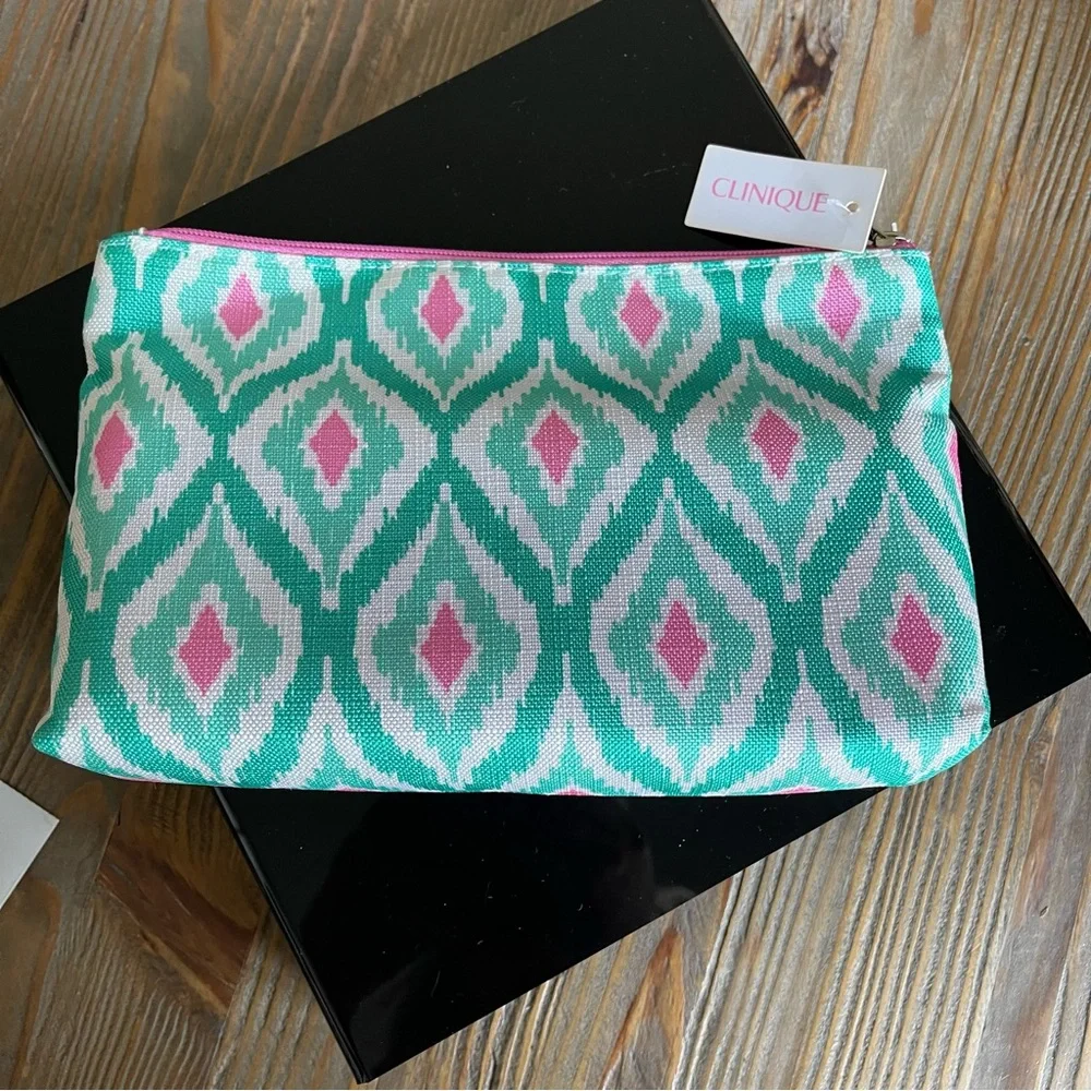 Clinique NWT Pink & Turquoise Ikat Print Cosmetic Makeup Travel Bag